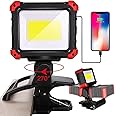 EASYMAXX LED Rechargeable Work Light with Clamp, 2100LM COB Magnetic Clip on Worklight 270° Rotating with Mobile Charger, Portable Clamp Work Light for Boats, Car Repairing, Job Site Lighting(1pack)