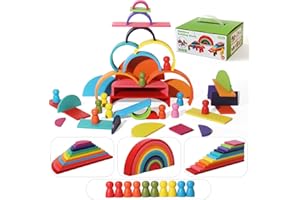 SHIERDU 45-Piece Wooden Rainbow Stack Set, 4-in-1 Building Blocks preschoolers Early Development & Activity Toys Montessori Toys for Kids 3, 4, 5, 6 Years and Older Gifts for Boys and Girls