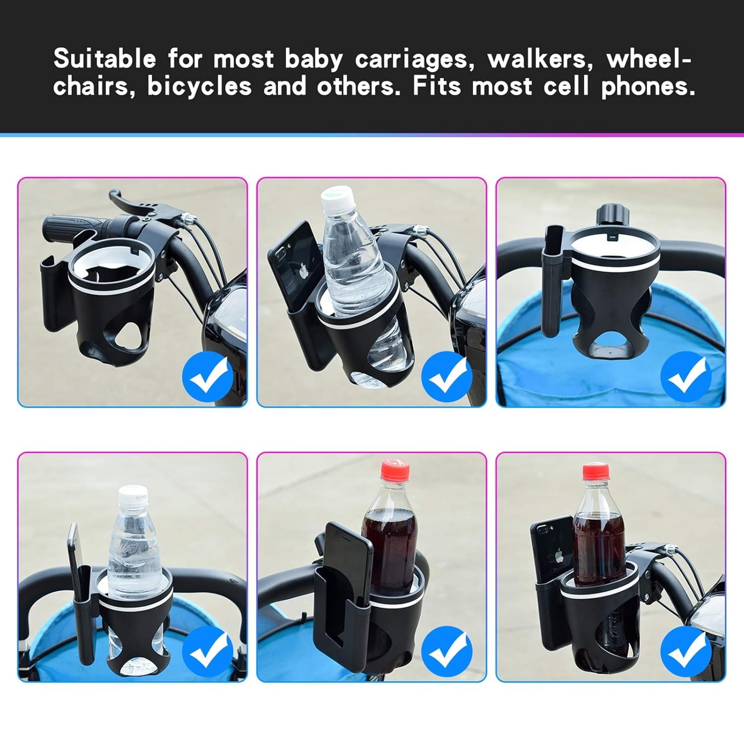 Eucredy Stroller Cup Holder, Universal Bike Cup Holder with Cell Phone Holder, 360 Degrees Rotation Bottle Holder, Adjustable Drink Holder for Bicycle, Pushchair, Wheelchair, Walker, Buggy: Baby