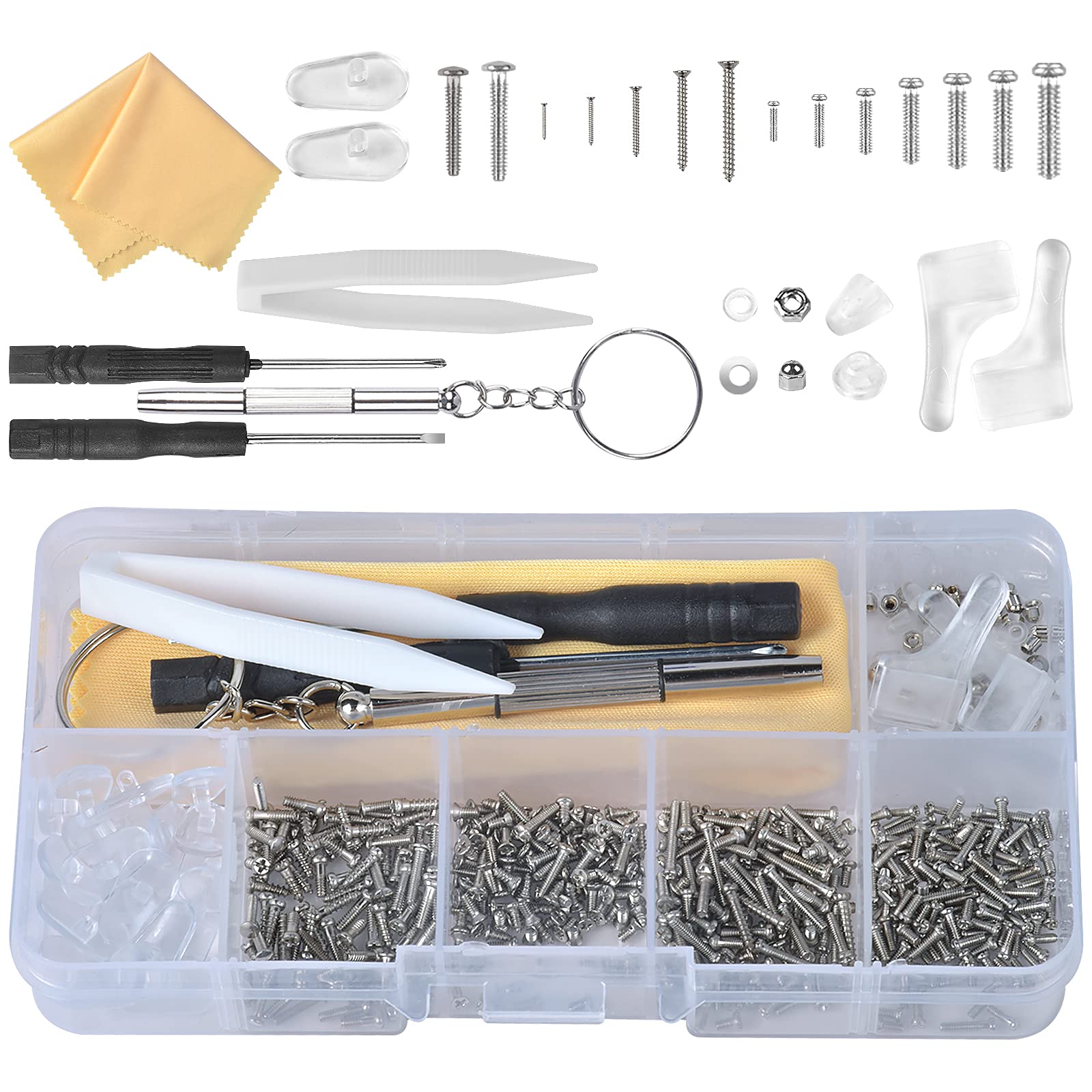 Eyeglass Repair Kit, Glasses Repair Kit with 500 Screws, Nose Pads for Eyeglasses, Tweezers and Cleaning Cloth for Eyeglass Sunglass Spectacles Watch Repair