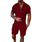 Kubsid Wine Red XL Men Track Suits 2 Piece Set Summer Casual Outfits Fashion Polo Shirts Short Sleeve and Shorts Set Vacation Clothes
