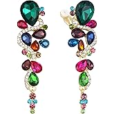 BriLove Wedding Bridal Clip-On Earrings for Women Bohemian Boho Crystal Multiple Teardrop Chandelier Dangle Jewelry Colorful Multicolor Gold-Toned