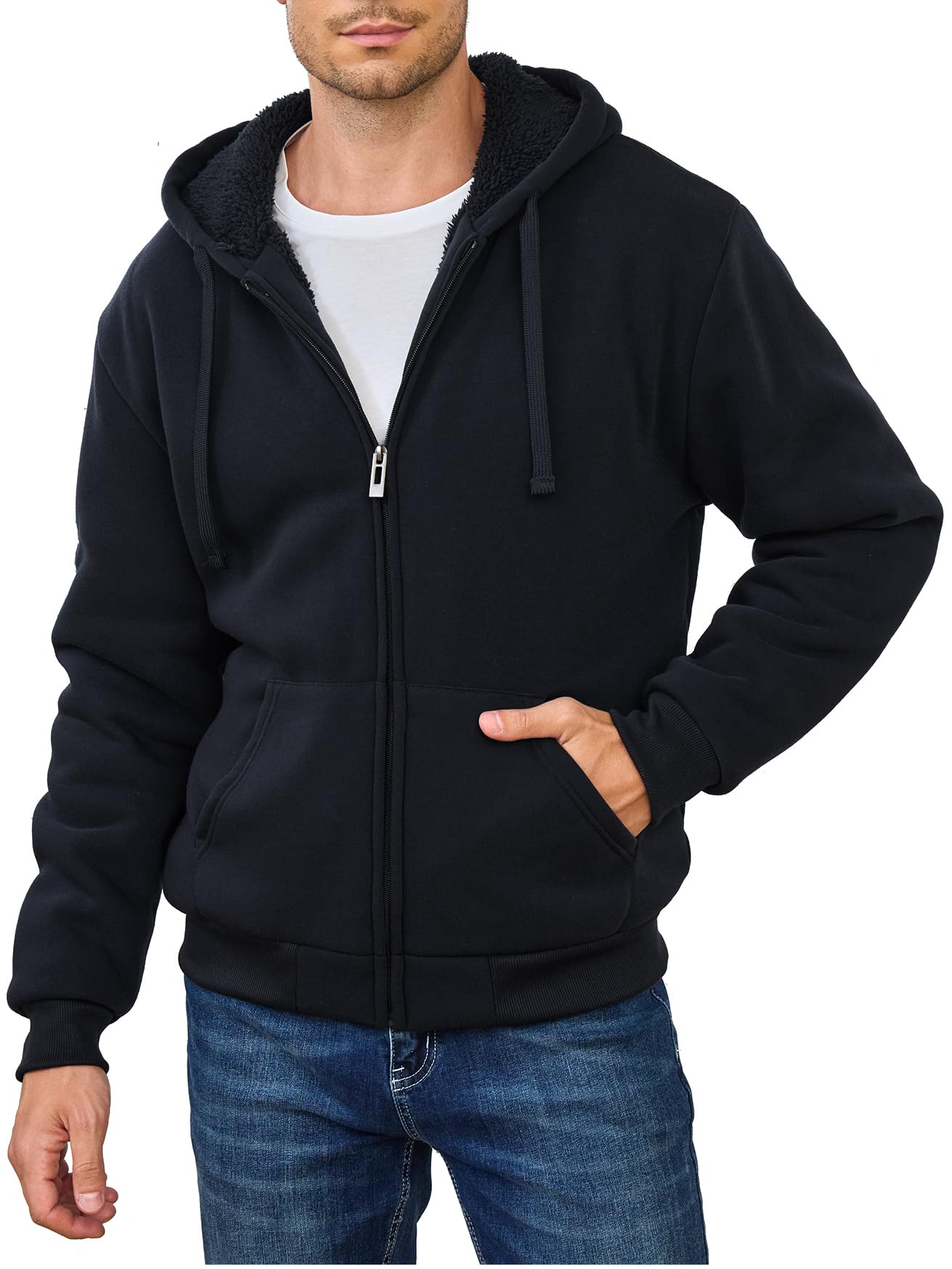 Photo 1 of Hoodies for Men Full Zip Up Fleece Warm Thick Jackets Heavyweight Sherpa Lined Coat Black M