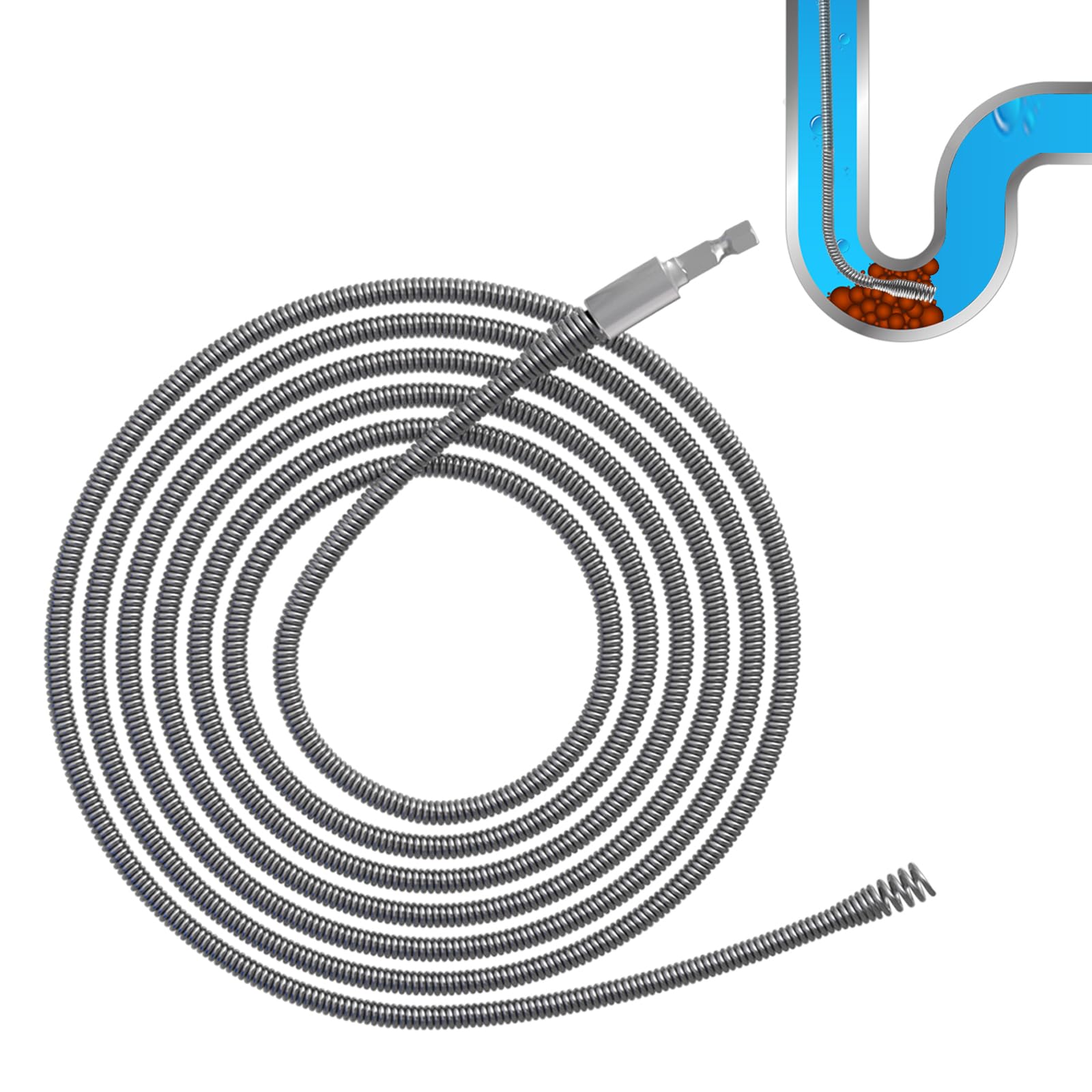 GYHMTOO Pipe Cleaning Spiral, Diameter 6 mm, Drain Cleaner Spiral, Cleaning Spiral with Electric and Manual Adapters, Pipe Cleaner Spiral Pipe Cleaning Shaft, Efficient Pipe Spiral (5 m)