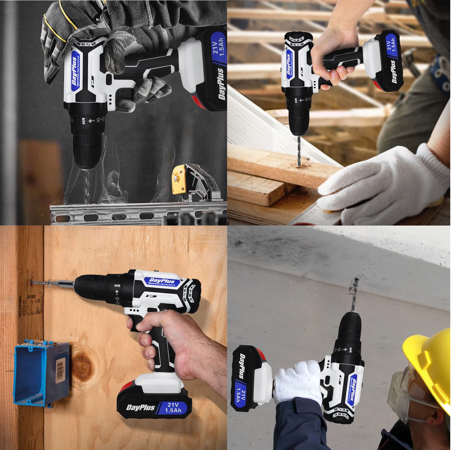 DayPlus Electric Screwdriver, For Beginners, 21 V Drill Driver, Rechargeable, Up to 45 N/m, 25 + 1 Torque Adjustment, Screw Tightening, Drilling, DIY Furniture Assembly, Compact, LED Lighting,