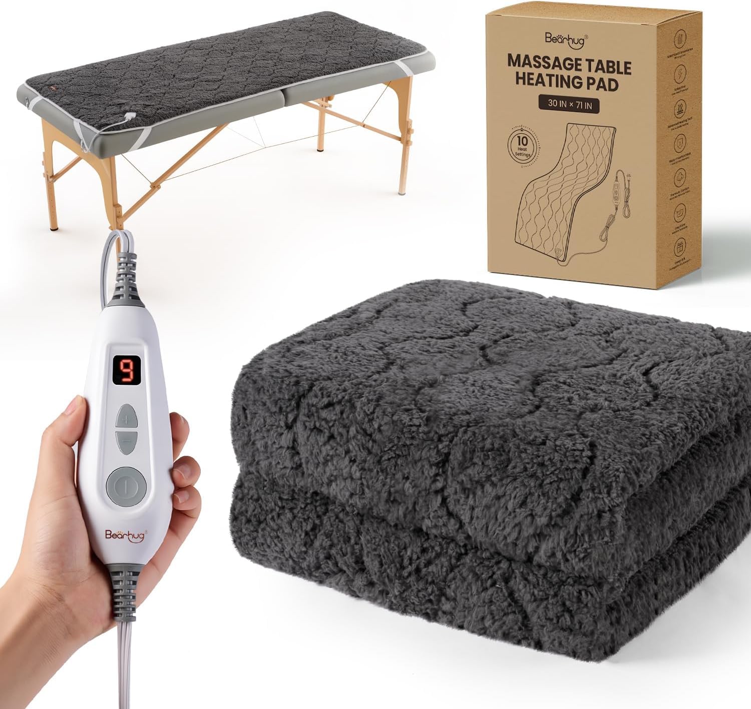 Photo 1 of Bearhug Massage Table Warmer Heating Pad 30” x 71”, Dark Grey Sherpa Wool Electric Heating Pad with 9 Hours & 10 Heating Levels, LED Controller, Machine Washable