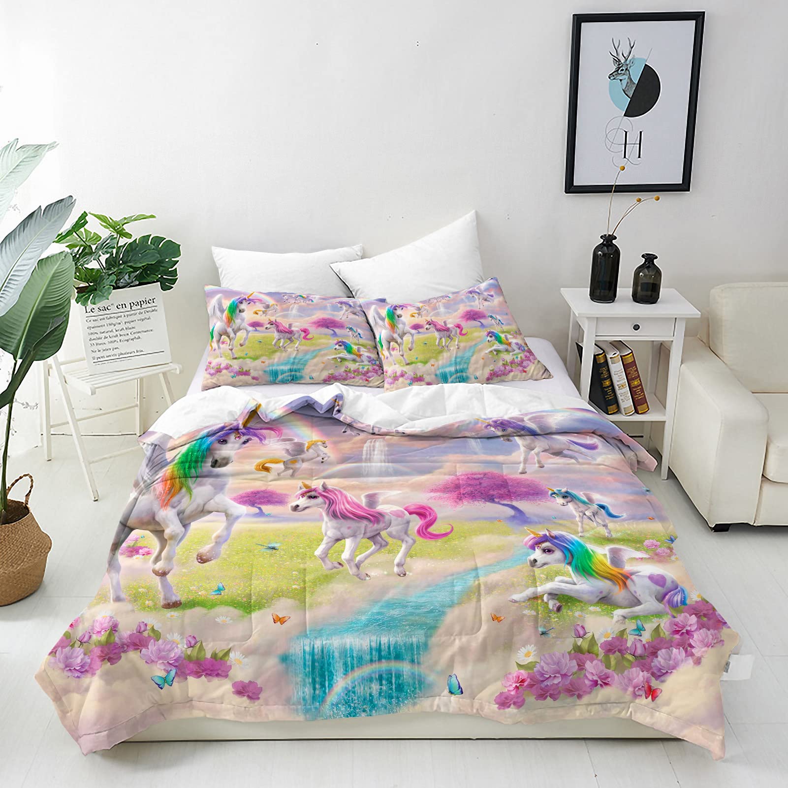 ANHOPE Rainbow Unicorn Duvet Cover Set Soft Lightweight Microfiber 3 Piece Bedding Set with 2 Pillowcase Floral Butterfly Print Pattern Kids Girls Quilt Cover with Zipper Closure Single — image 1
