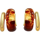 Amber Stud Earrings for Women, C Shape Brown Earrings with S925 Ear Post, 18K Gold Plated Earrings for Vintage Jewelry