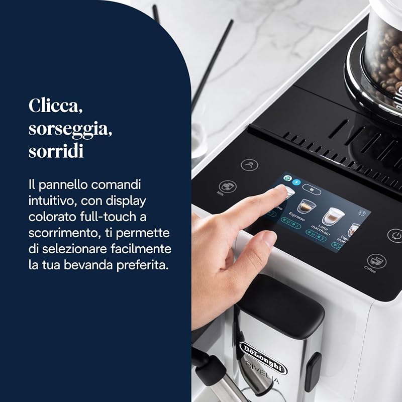Rivelia Perfetto EXAM440.55.W Macchina da Caffè Automatica, Chicchi Macinati al Momento, Portachicchi Intercambiabile, Caraffa Montalatte Automatica, Display Touch a Colori, 1450W, Bianca
