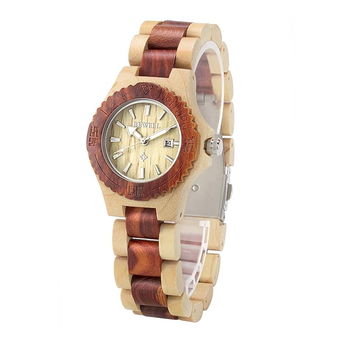 BEWELL Damen Armbanduhr Analoge Japanische Bewegung Sandelholz Armband und Kalender 020AL