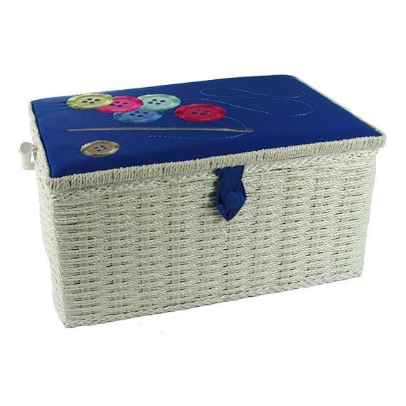 Buttons Needle Thread Blue Embroidered Large Sewing Box