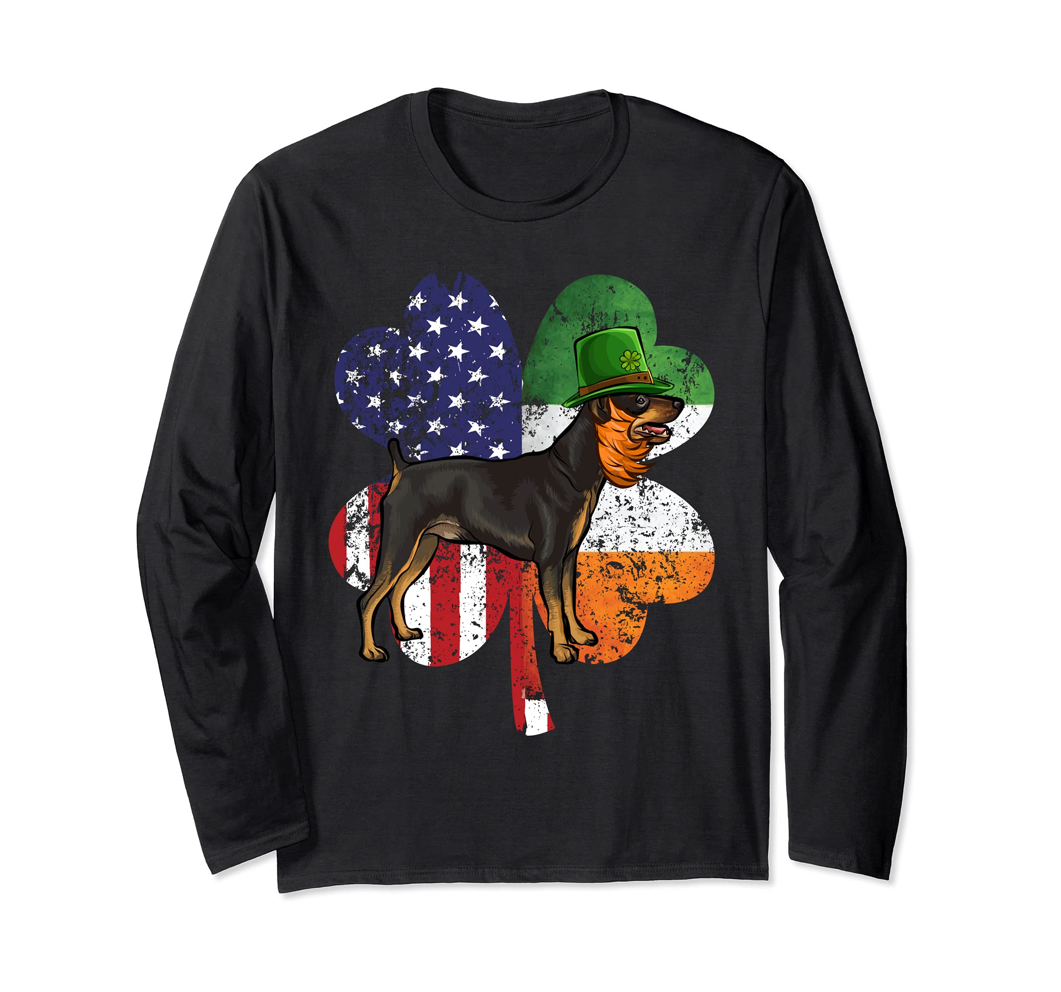 St Patricks Day Irish American Flag Miniature Pinscher Dog Long Sleeve T-Shirt