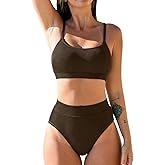 CUPSHE Women's Bikini Set Two Piece Swimsuits High Waisted Scoop Neck Spaghetti Adjustable Straps Textured