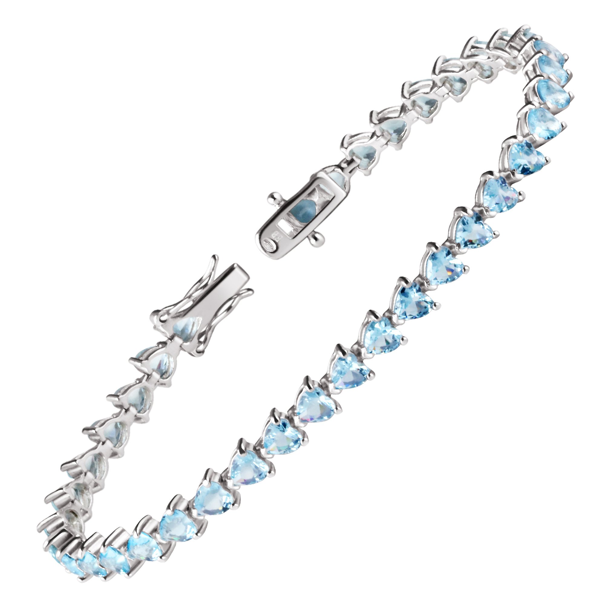 Franki Baker Sterling Silver Pretty Heart Shaped Aquamarine Crystal Tennis Bracelet. Length 20cms