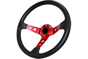 QYMOPAY Drifting Deep Dish Racing Steering Wheel, 6 Bolt Anti-Slip Leather and Aluminum Gaming Steering Wheel with Horn Button for Racing/Car Sim Driving/JDM Sports Racing Steering Wheel (Red)