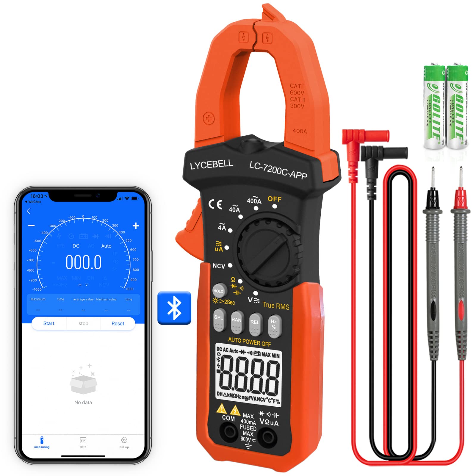 LYCEBELL Digital Clamp Meter, LC-7200C-APP True RMS Auto Range Professional Multimeter, Volt Amp Test Meter for AC/DC Current Voltage Resistance Capacitance Frequency Diode Continuity NCV