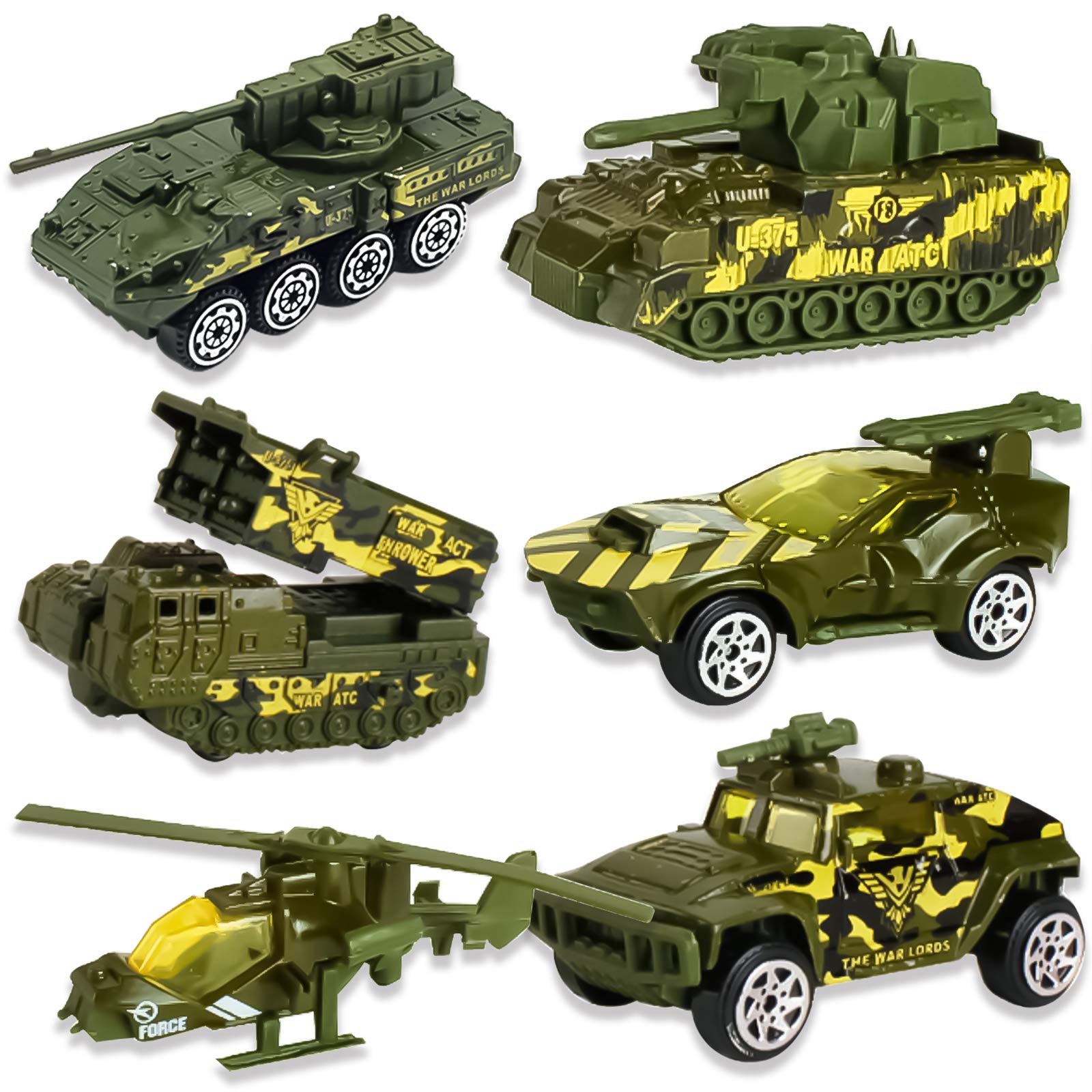 Diecast Military Vehicles Truck Set, 6Pcs Alloy Metal Army Models Car Toys for 3 Year Old Boys, Tank, Panzer, Anti-Air Vehicle, Helicopter Playset, Small Toy Car Gift for Kids Age 3 4 5 6 Year Old