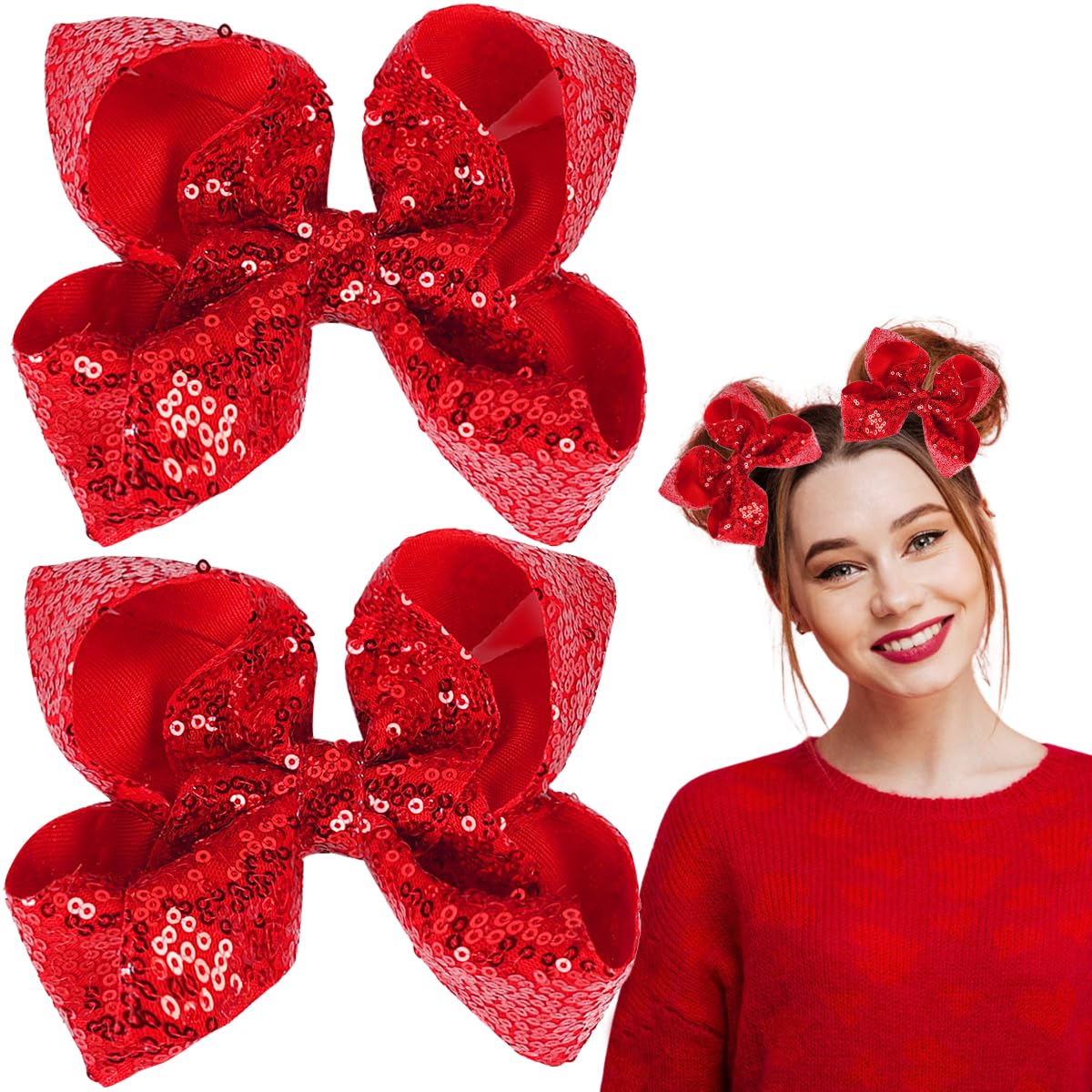 Photo 1 of Red Christmas Hair Bows Clips Ribbon Hairpin Hair Bows Clips 5 Inches Glitter Sequins Cheer Alligator Clips Bows Hairpins Barrette for Xmas Holiday Girls Kids Women 2PCS