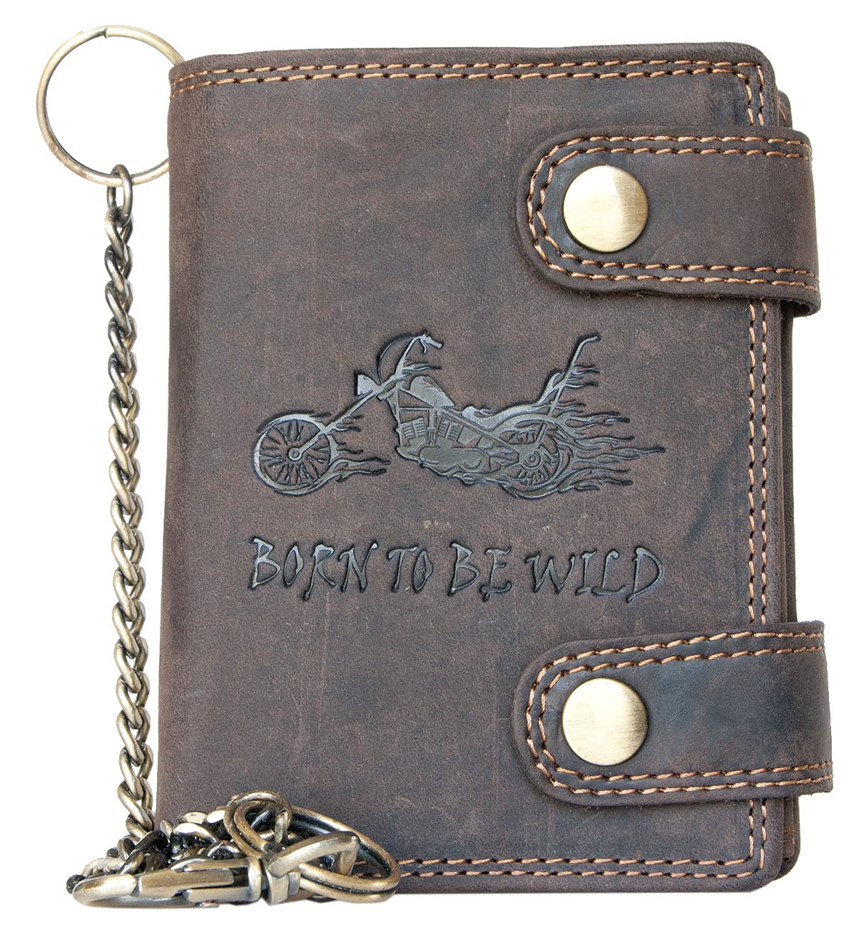 Genuine Leather Biker's Wallet Born to be Wild with Motorbike, with 14 inches Long Metal Chain to Hang