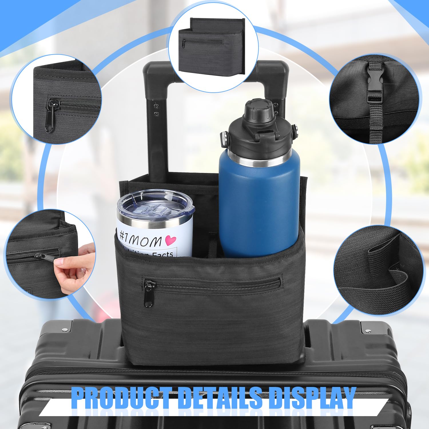 ZHCHG ZHCHG Luggage Travel Cup Holder Attachment for Suitcase Drink Carrier Caddy, Coffee Mug and Tumblers, Traveler Carry on Hands Free Accessory- Gifts for Flight Attendants Travelers Accessories- Black