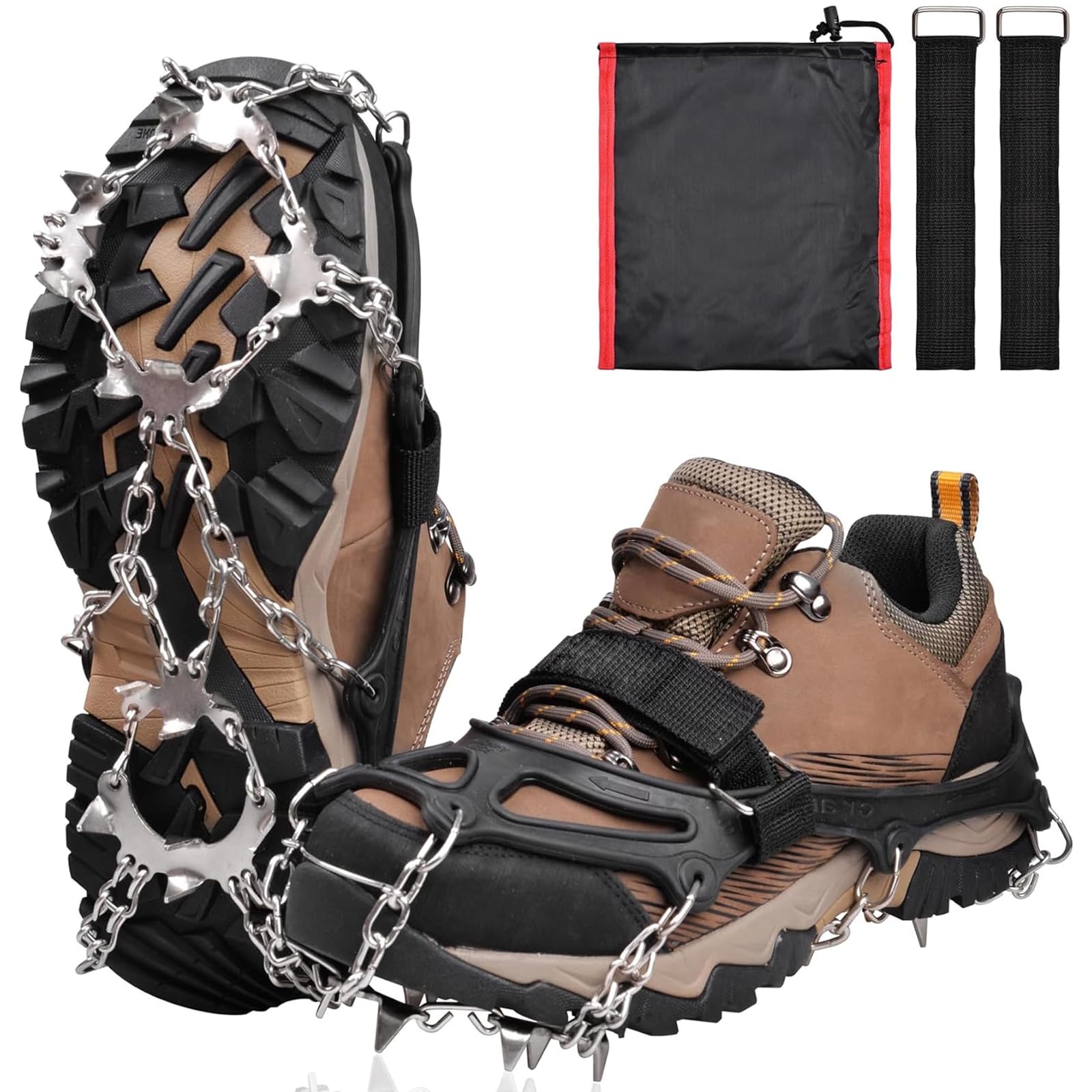 Ice Grips Snow Crampon Cleats with 19 Teeth Stainless Steel Chain Claws Anti-Slip Ice Traction Snow Spikes Footwear Shoes Cover for Hiking Fishing Jogging Walking Climbing (L)