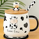 Disoza Cow Mug with Lid Cow Cup 420ML Coffee Mug Gift Cow Ceramic Teacup with Spoon & Coaster Tea Coffee Christmas Mugs Birthday Gift for Wife Girlfriend