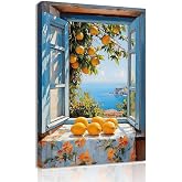 BAOYILONG Italian Amalfi Coast Canvas Wall Art Rustic Window Print Mediterranean Landscape Proster Lemon Tree Picture for Kitchen Home Decor (WE59-9, 12.00L x 18.00W, Framed)