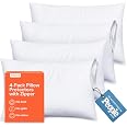 Ultra Soft Pillow Protectors with Zipper - Standard Size - Set of 4 - White | 100% Protection Against Stains, Dust & Dirt, Br