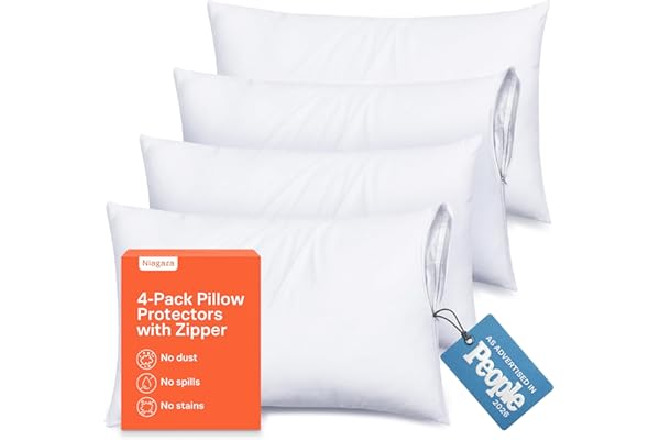 Ultra Soft Pillow Protectors with Zipper Standard Size - Set of 4 Breathable Pillow Covers - 100% Protection Against Stains, Dust & Dirt - Machine Washable (White)