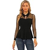 Allegra K Women's Mesh Blouse Long Sleeve Keyhole Neck Lapel Collar Vintage Gothic Peplum Top