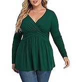 TIANZHU Women's Plus Size V Neck Long Sleeve Tunics Tops Lightweight Blouse Dressy Casual Top Ruched Trendy Clothes