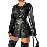 Gudasuo Faux Leather Jacket Women Trench Coat Long Button Jacket Open Front Motorcycle Coat with Belt