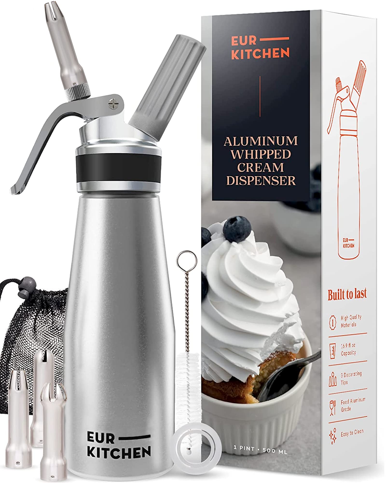 Photo 1 of EurKitchen Professional Aluminum Whipped Cream Dispenser - Leak-Free Whip Cream Maker Canister with 3 Decorating Nozzles & Cleaning Brush - 1-Pint / 500 mL Cream Whipper - N2O Chargers (Not Included)