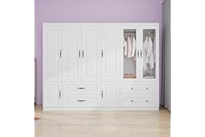 GraceGrove Bedroom Armoire Wardrobe Closet with 4 Drawers and 6 Glass Doors, Wardrobe Closet with 3 Hanging Rods, Wood Wardrobe with Large Storage, Tall Armoires and Wardrobes for Bedroom White