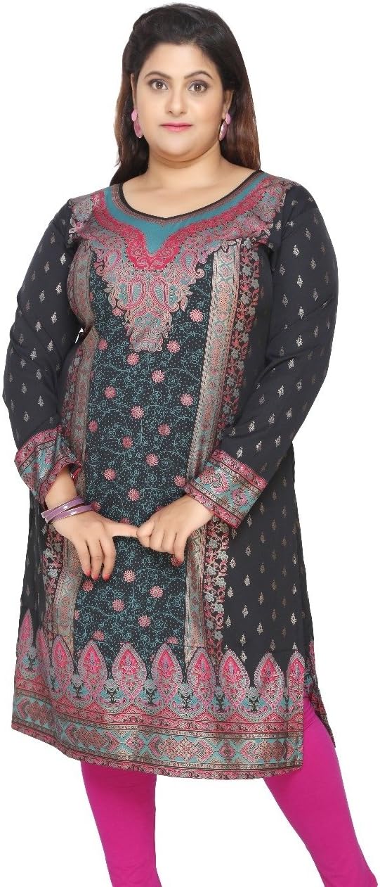 Unifiedclothes Plus Size (Upto 9XL) Women Indian Pakistani Kurti Tunic Kurta Top Shirt Dress EPlus107C Black