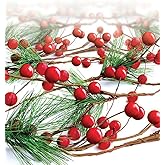 Christmas Garland Red Berry, Artificial Pine Needle Holiday Greenery (Evergreen) Unlit Fireplace Mantle Décor & Home Xmas Decoration Indoor/Outdoor Decorations 6 Feet Long (6ft) Clearance