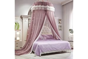 AIKASY Girls and Adults Canopy Bed, Elegant Double-Layer Bed Curtain, Children's Dream Round Lace Mosquito Net, Princess Canopy Net - Fits Twin, Full, Queen, and King Beds (White/Red Bean)