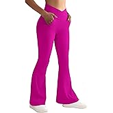 SUUKSESS Women Ribbed Crossover Flare Leggings V Back Yoga Pants with Pockets