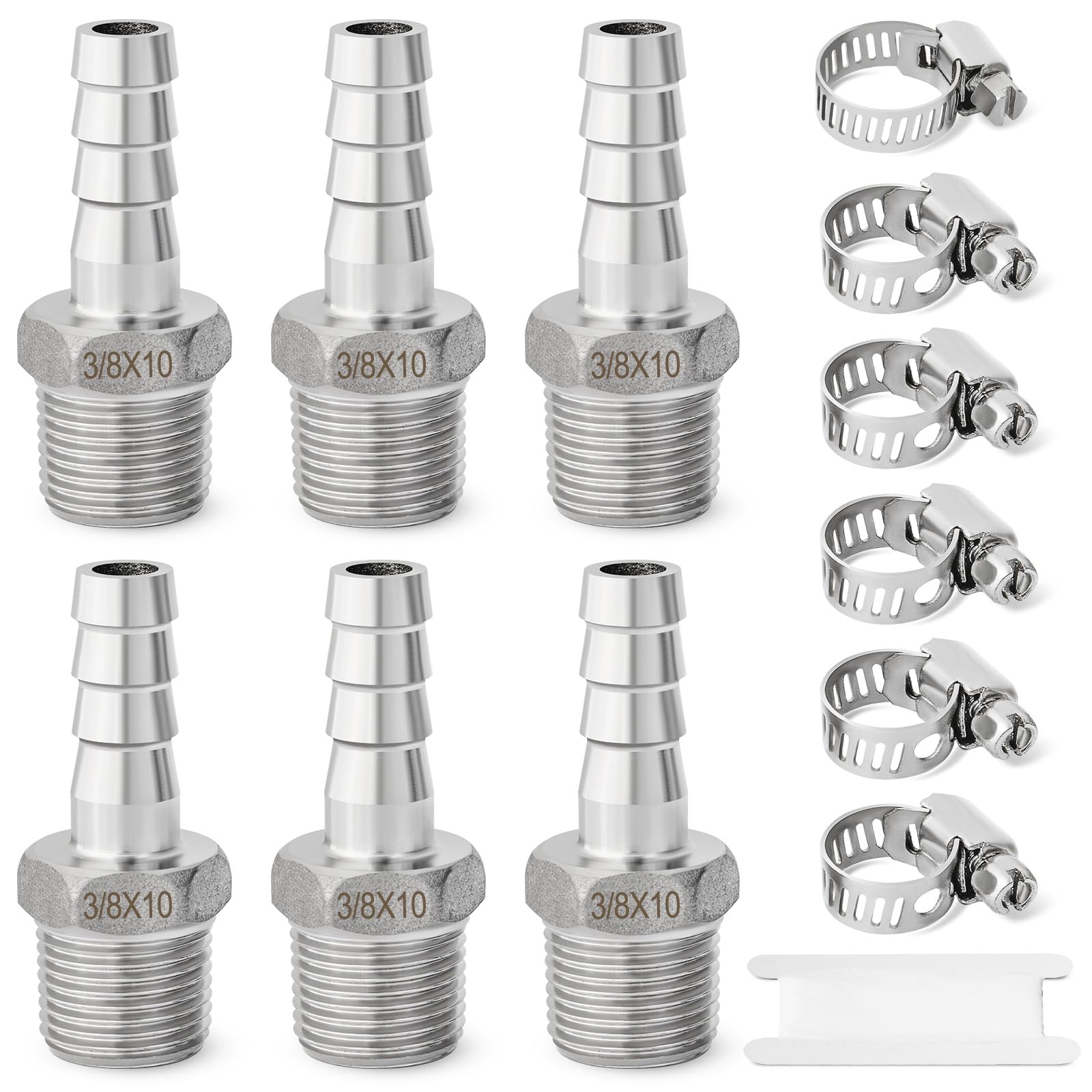Josaton Stainless Steel Barb Hose Fitting 3/8” BSP Male x 3/8” Barb (10mm), Hose Connector with Hose Clamp 6 Set Pipe Fitting for Air Water Fuel