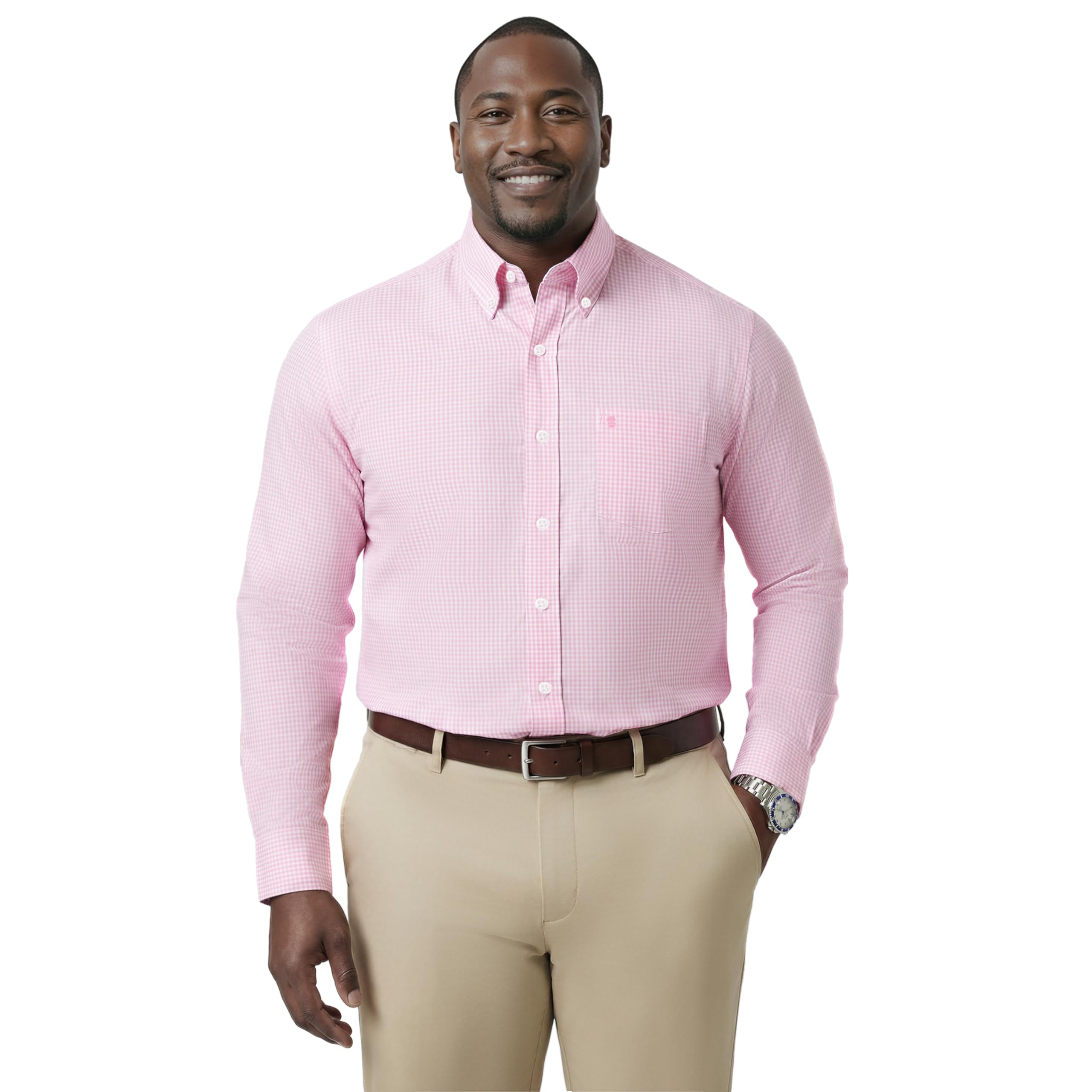 Izod Men’s Big and Tall Performance Comfort Long Sleeve Plaid Button Down, Pink Lemonade Fine Check, 5X-Large Big