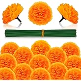 Labeol 50PCS Marigold Flowers Artificial Marigold Flowers Heads Bulk Mexican Decoration Silk Orange Marigold Garland with Stems for Day of The Dead Halloween Diwali Party Decorations Home Decor