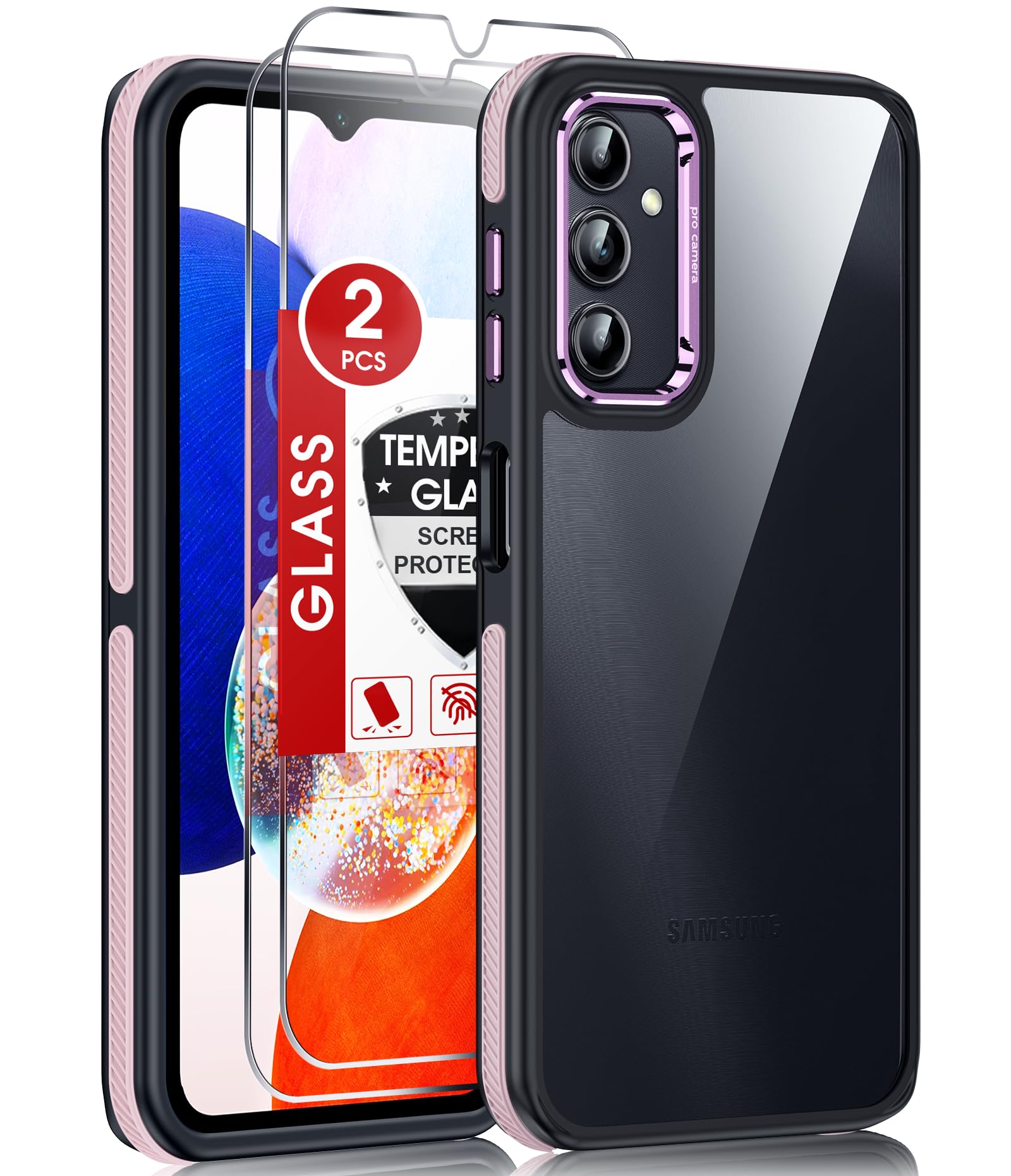 LeYi for Galaxy A14-5G Phone Case: 2 Pack Screen Protector Shockproof Military-Grade, [Anty-Slip Grip] Metal Texture Lens Magnetic Translucent Matte for Samsung A14 5G Case, Pnk