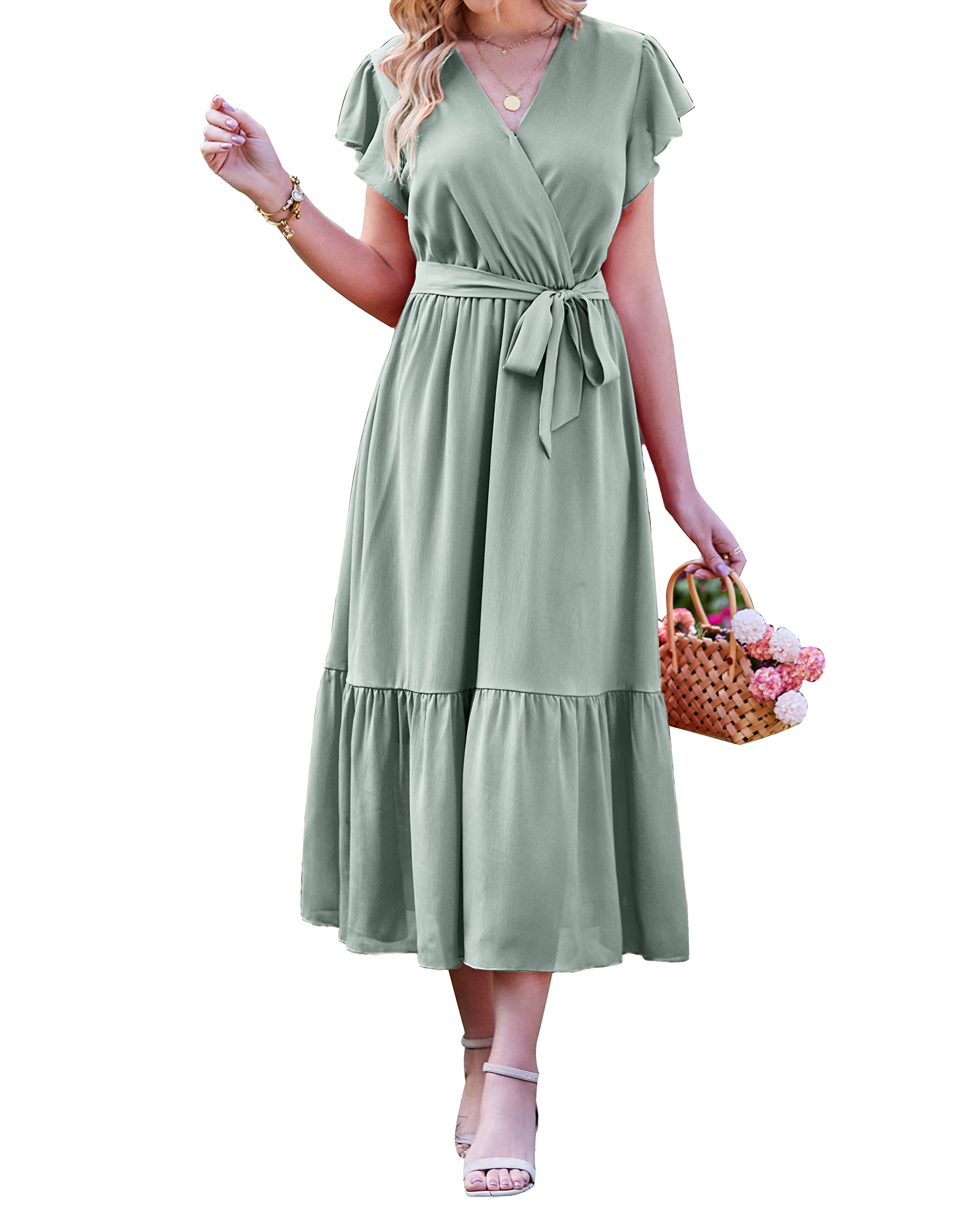 Photo 1 of BTFBM Women Summer Bohemian Floral Casual Wrap V Neck Ruffle Cap Sleeveless Belt A-Line Pleated Hem Swing Midi Sun Dress (Solid Green, Small)