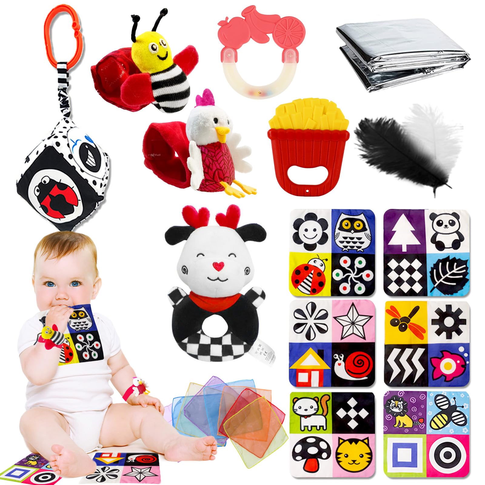 Xerteam 20 Pcs Black and White Sensory Toys, Newborn to 6 Months, Montessori Baby Sensory Toy Set with Plush Rattle, Wrist Rattle, Teether, Scarf, Foil Blanket & More