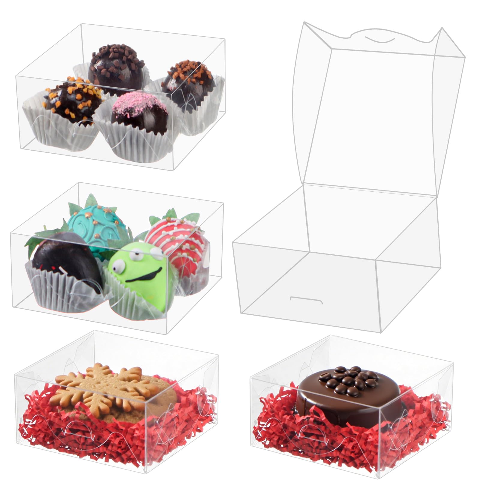 Photo 1 of ROSPAKTEK 100pcs 4x4x2 Inch Clear Pastry Gift Boxes Bakery Boxes Cookies Boxes Dount Boxes Chocolate Covered Strawberries Boxes Truffle Boxes Browine Cake Boxes Treat Boxes for Party Favors Wedding