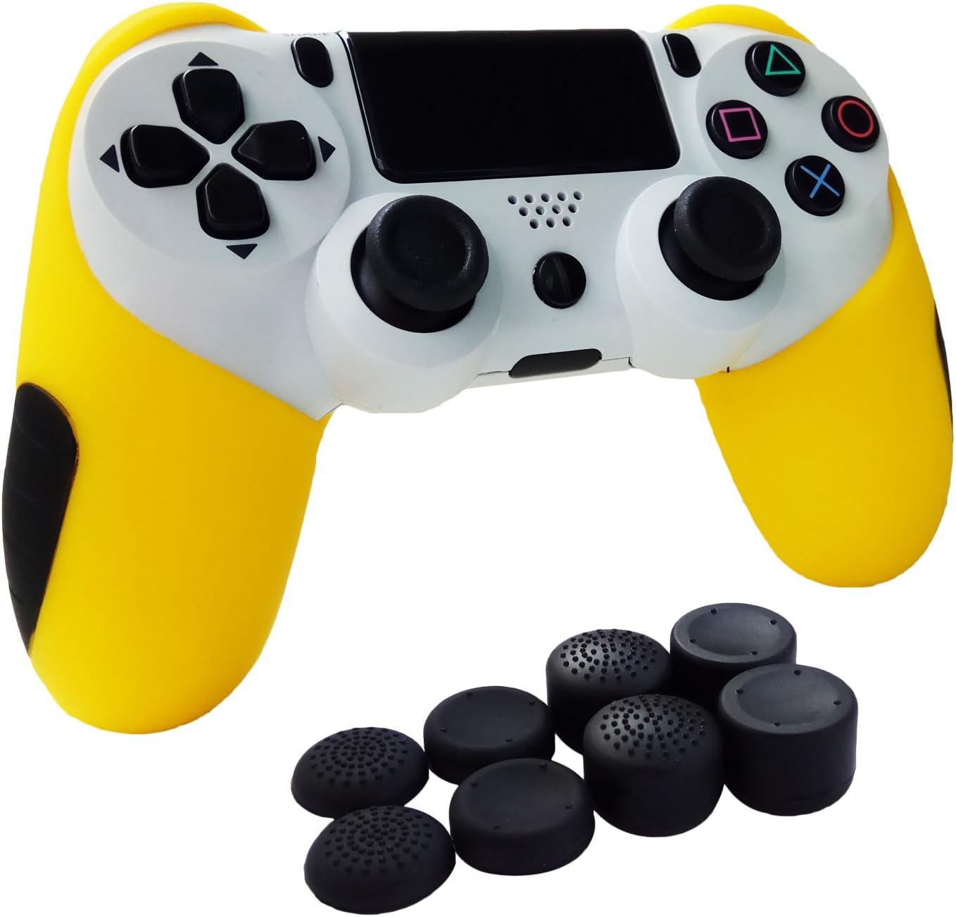Hikfly Super Thicker Rubber Oil Silicone Controller Half Cover with FPS Pro Thumb Grips Caps Kits for Sony PS4/Slim/Pro Controller (Yellow)