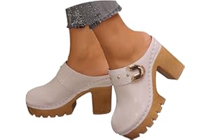 Women's Heeled Sandals Closed Round Toe Mules Cork High Chunky Heels Slip On Platform Clogs Open Back Slides Summer Casual Sl