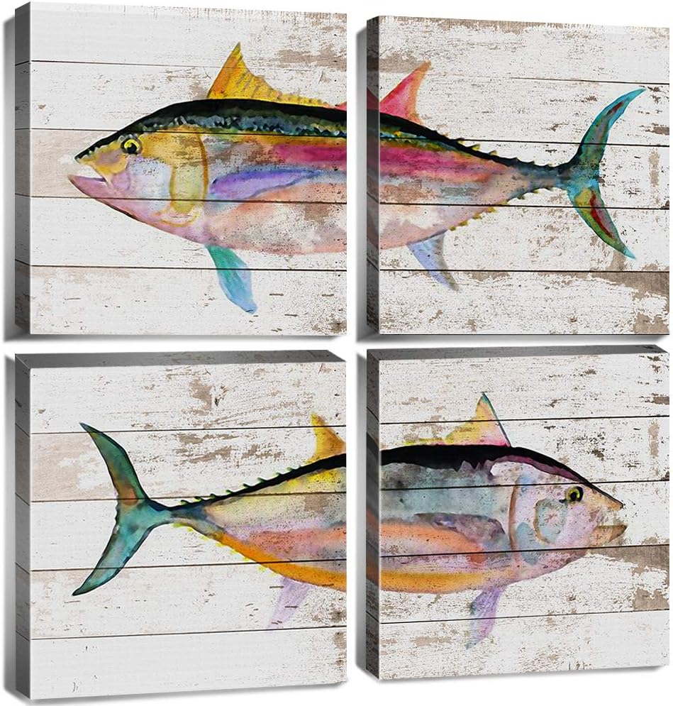 Wall Décor - Coastal Decor Tuna Fish Canvas Wall Art Kitchen Bathroom Beach Ocean Decor Living Room Rustic Nautical Fish Pictures Sea Animal Painting Marine Life Artwork for Bedroom Dinner Home Decorations 16x16