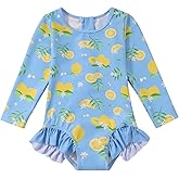 Valcatch Toddler Girls Swimsuit UPF 50+ Long Sleeve Rash Guard One Piece with Ruffle Zipper Baby Bathing Suit for Beach Pool