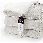 blunique Heated Blanket Electric Throw Waffle, 50x60 Inches Sherpa Fleece Fast Heating Blanket 6 Heating Levels & 4 Hours Auto Off ETL Certification,Beige Throw